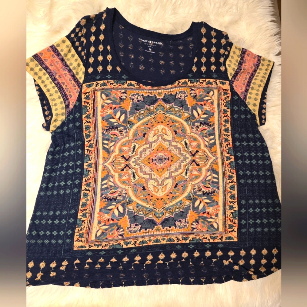Lucky Brand Navy Blue Boho Persian Carpet Graphic Short Sleeve Tee Shirt